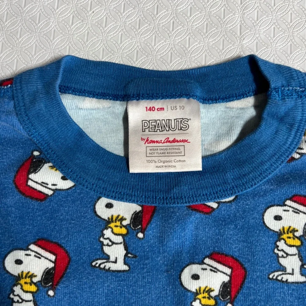 Hanna Andersson 140 (10) Peanuts Snoopy Christmas Long John Pajamas Blue Organic